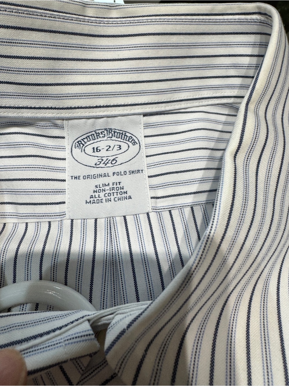 Brooks Brothers White and Navy Stripe Polo Dress Shirt - Non Iron slim fit